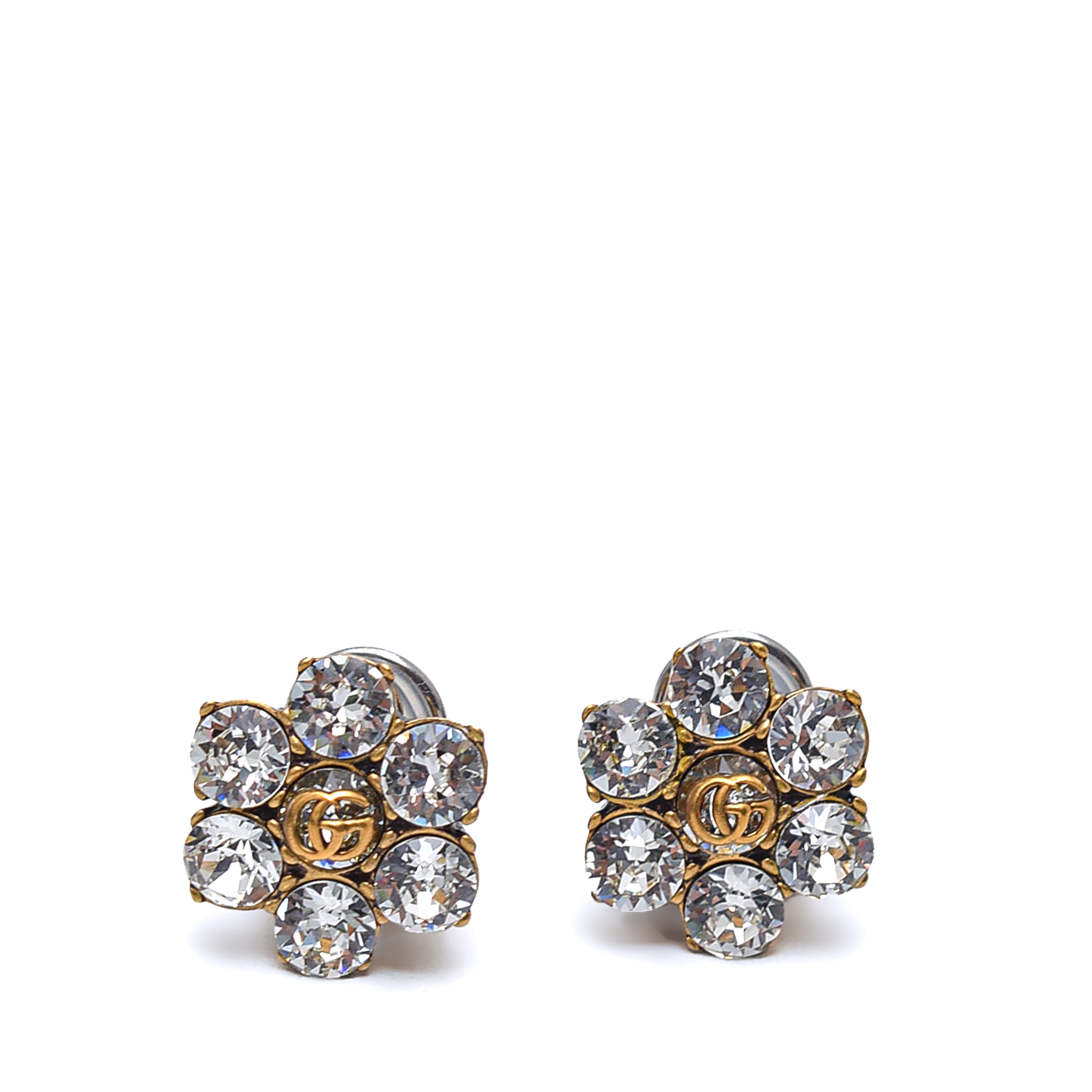 GUCCİ - Crystal Double G Earrings in Aged Gold Metal